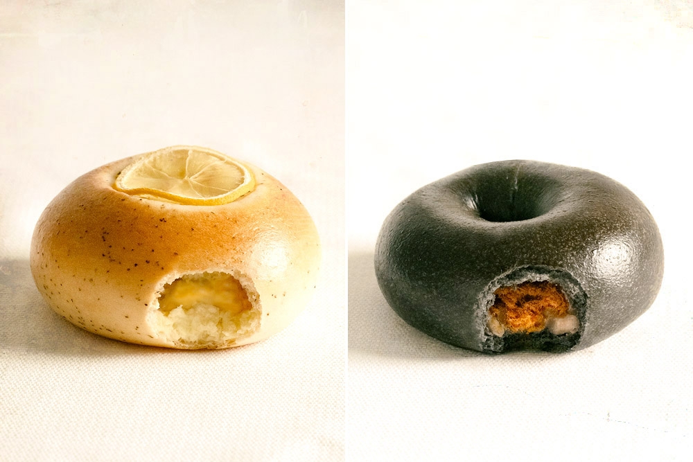 279290 Popular bagels: Earl Grey Lemon Yuzu (left) and Charcoal Taro Floss (right). — Picture courtesy of 36 Degree Bakehouse