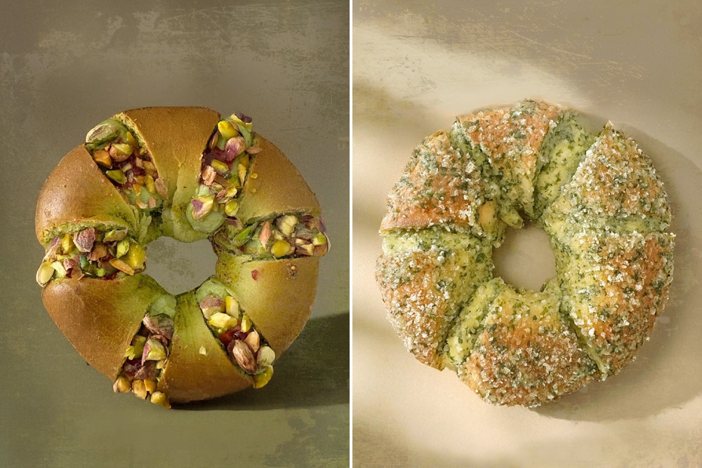 279294 Limited edition bagel flavours include Pistachio Raspberry (left) and Garlic Cream Cheese (right). — Picture courtesy of 36 Degree Bakehouse