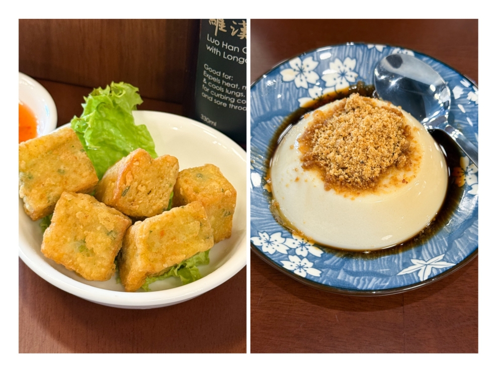 279835 Deep Fried Homemade Fish Tofu (left) makes for a fantastic snack and Peanut Tofu Fa (right) is refreshing and fragrant dessert to end the meal here. — Picture by Lee Khang Yi
