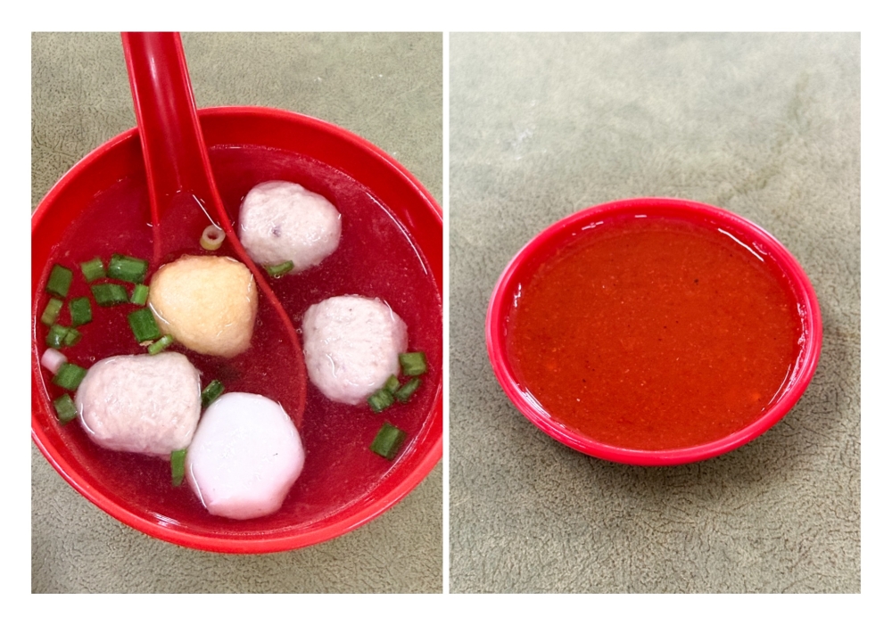 Each bowl is accompanied by this light broth (left) with fish balls and pork balls and the all-important homemade chilli sauce (right) with calamansi lime juice. — Picture by Lee Khang Yi