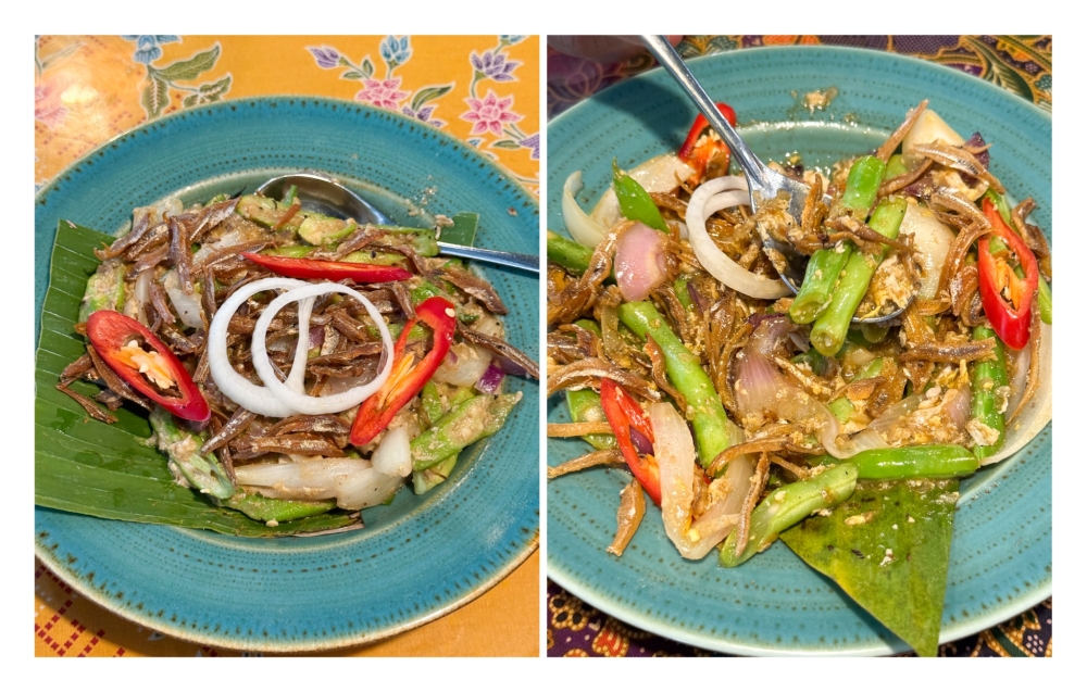 Sayur Ibu Mertua with lady's fingers (left) and string beans (right) are packed with flavour, thanks to the generous topping of fried 'ikan bilis'. — Picture by Lee Khang Yi
