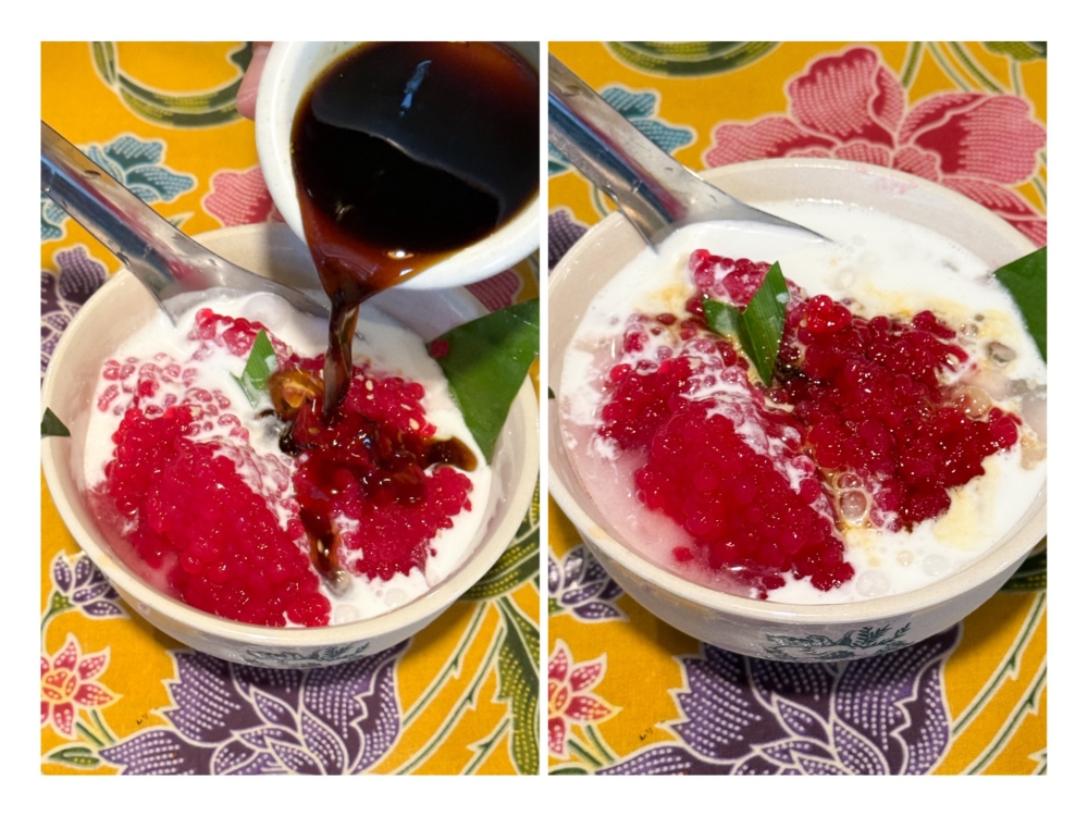 Dessert is Sagu Gula Melaka with eye-popping red sago pearls doused in 'gula Melaka' syrup (left) which pairs well with the coconut milk (right). — Picture by Lee Khang Yi