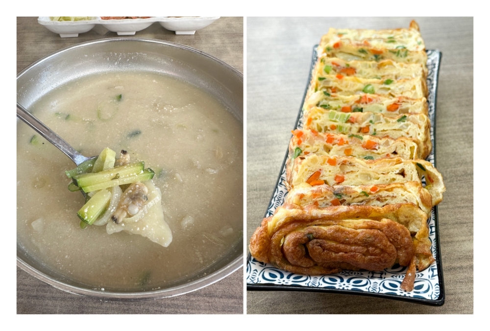 Hand-torn Perilla Seeds Noodle (left) is a creamy, nutty soup with pieces of dough and the Rolled Egg (right) may look simple but it’s an eggy, fluffy wonder. — Picture by Lee Khang Yi