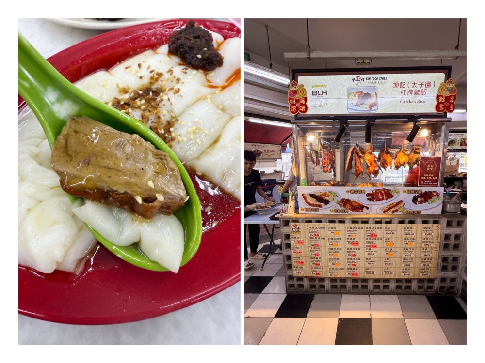 Tender roast duck (left) with a hint of herbal aroma goes well with the silky 'chee cheong fun' can be sourced from this stall selling chicken and roast meats rice (right) which opens after 10am. — Picture by Lee Khang Yi