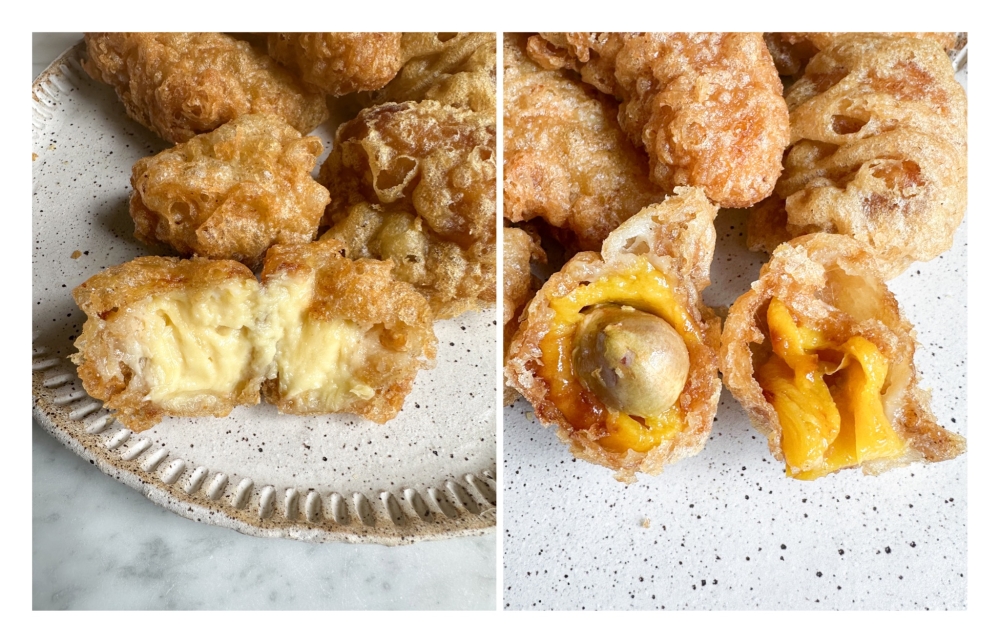 269711-2 Fried Durian was a joy to eat with the creamy flesh (left) and the Fried Cempedak (right) yields soft, sweet flesh inside the crispy pocket. — Picture by Lee Khang Yi