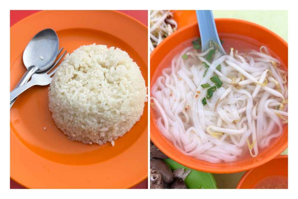 270084-1 There’s a choice of fragrant rice (left) or a lighter alternative in the form of a bowl of smooth rice flour noodles (right) with a clear chicken broth and bean sprouts.