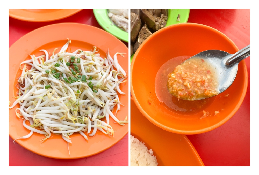 270085-1 Bean sprouts (left) offer crunch with your chicken rice while their homemade chilli sauce (right) gives the meal a spicy-tangy deliciousness.
