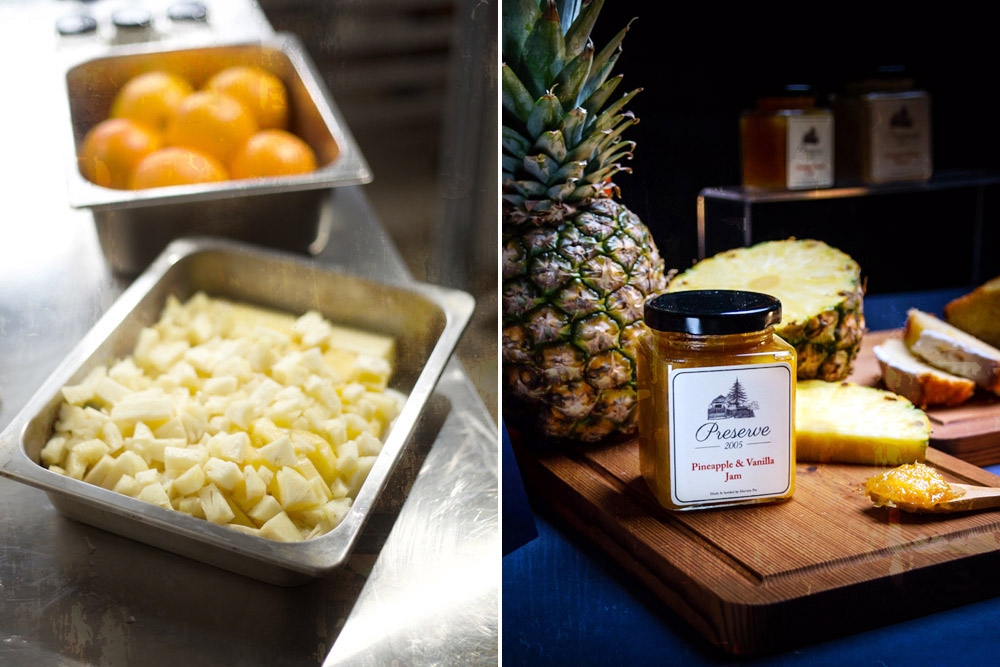 Ingredients prep (left) to make the popular Pineapple and Vanilla Jam (right).