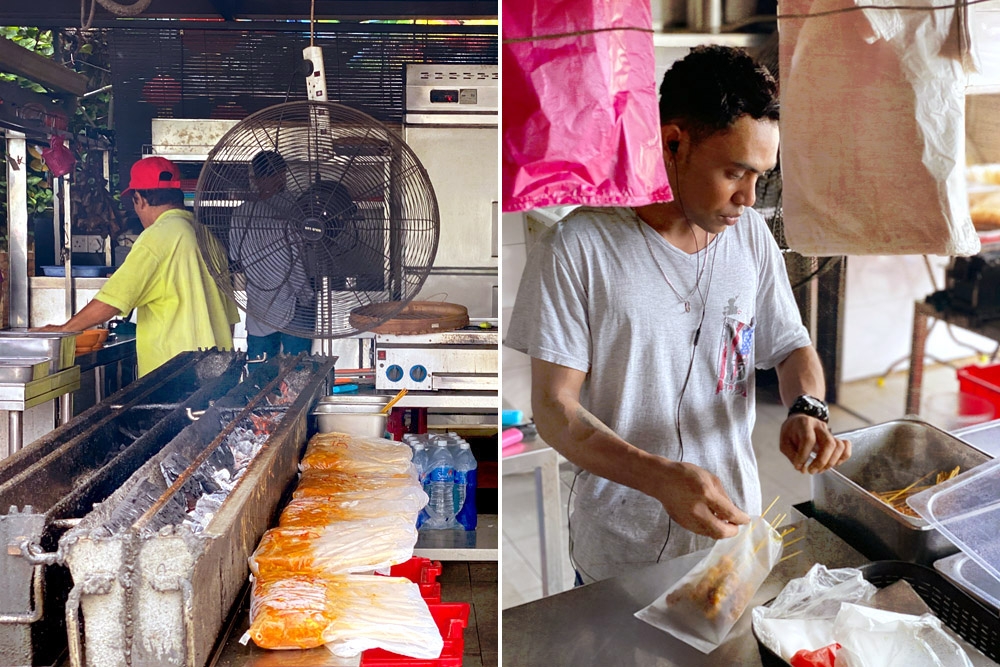 271215-1 Grilling satay over charcoal (left). Packing orders for delivery and pick-up. — Pictures by CK Lim