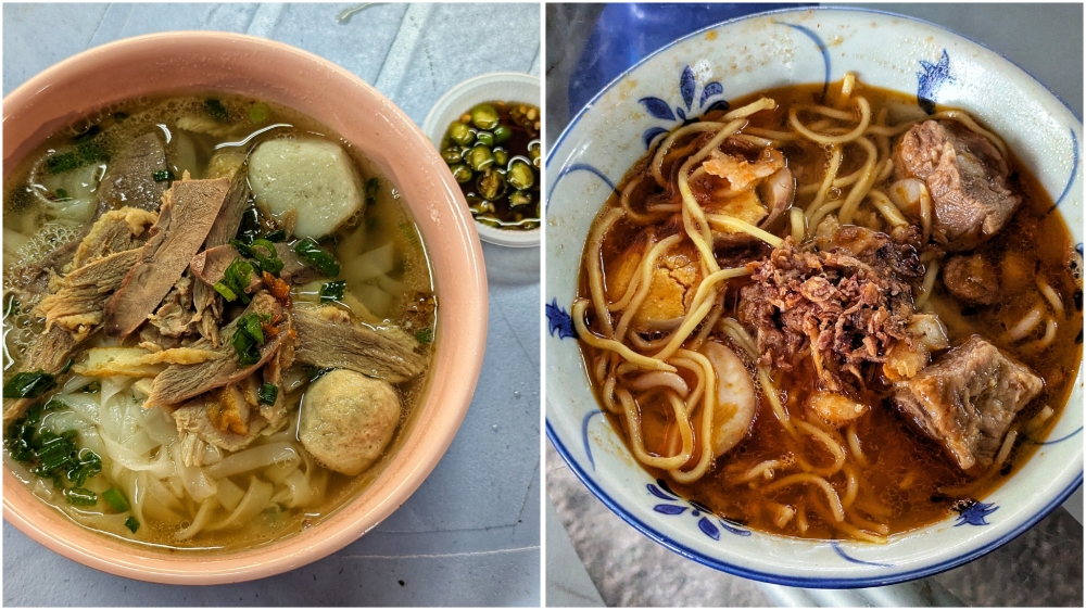 271629-2 Lum Lai’s soothing duck meat ‘koay teow th’ng’ (left). Hokkien mee at Bridge Street Prawn Noodle, with pork ribs (right).
