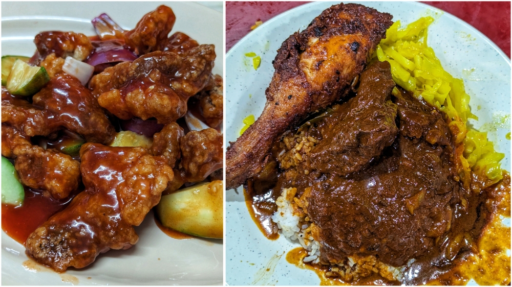 271636 Boey Chong Kee is a timeless Cantonese ‘dai chow’ with traditional preparations of dishes like sweet and sour pork (left). The day ends on a satisfying note with Deens Maju Nasi Kandar (right).