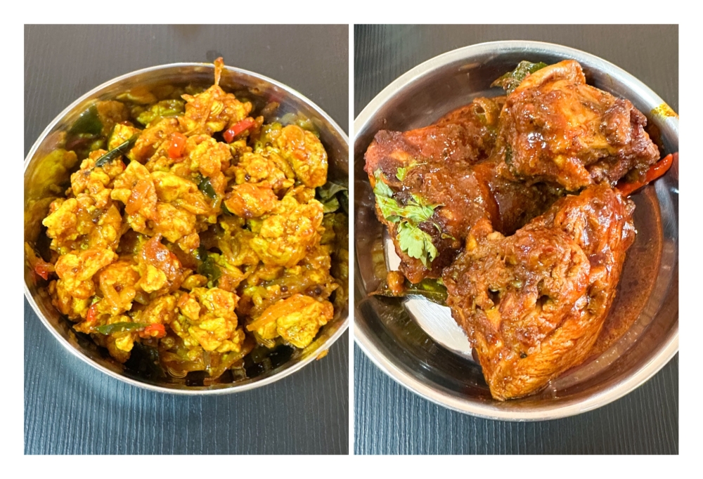 271842 Homey Egg Podimass (left) is comforting while the Chicken Varuval (right) is mild tasting.