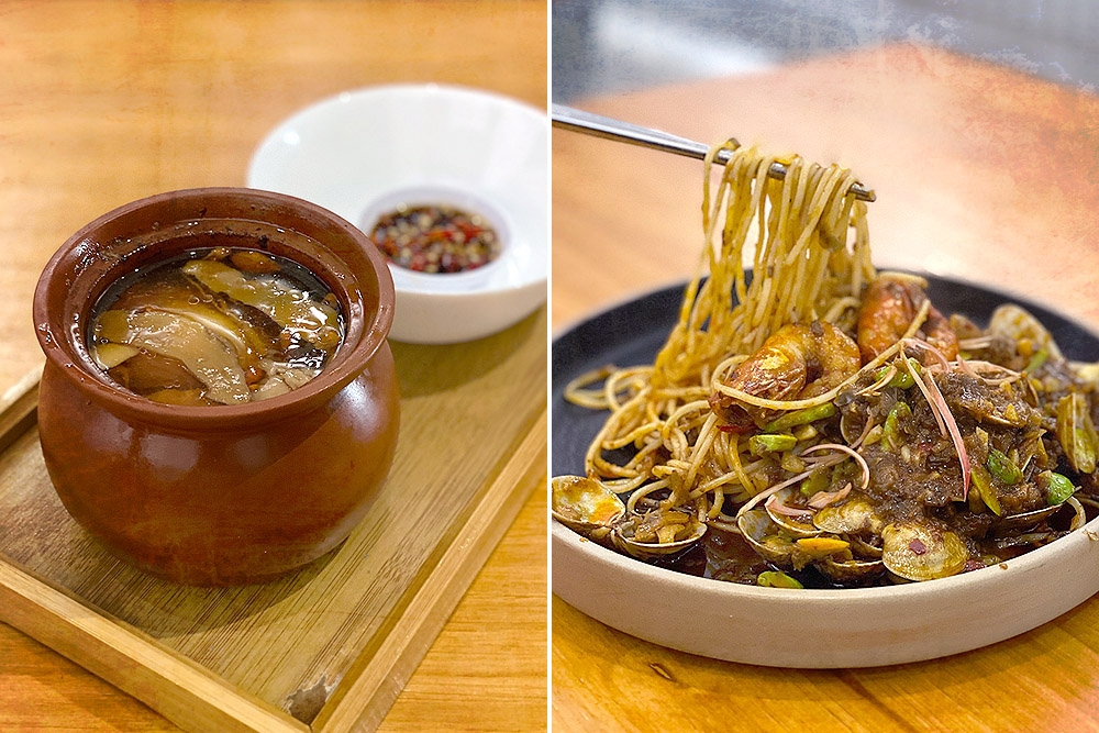 272083 Coconut Chicken Herbs Soup (left). The spaghetti is slick with ‘kam heong’ sauce (right). — Pictures by CK Lim