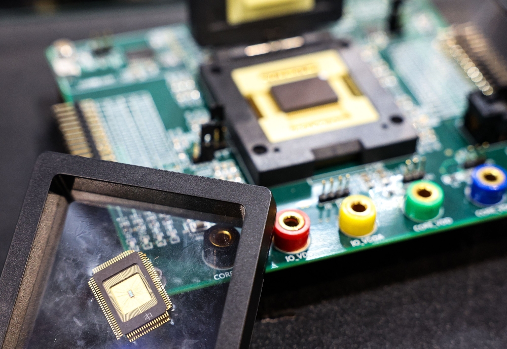 272326 A sample of a semiconductor chip made by Taiwan Semiconductor Manufacturing Company (TSMC) is displayed at the Cybersec 2025 conference and expo in Taipei April 15, 2025. — AFP pic