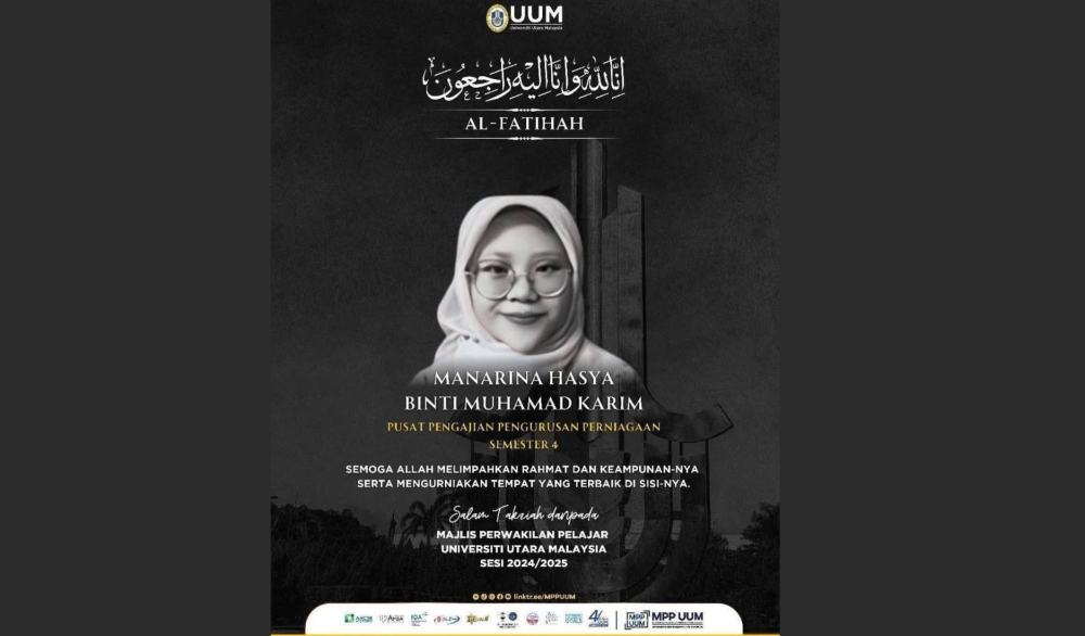 Manarina Hasya Muhamad Karim was killed yesterday after she was hit by a bus in a collision involving two buses in front of a bus stop along Jalan Persiaran Perdana, UUM in Sintok, Kedah.