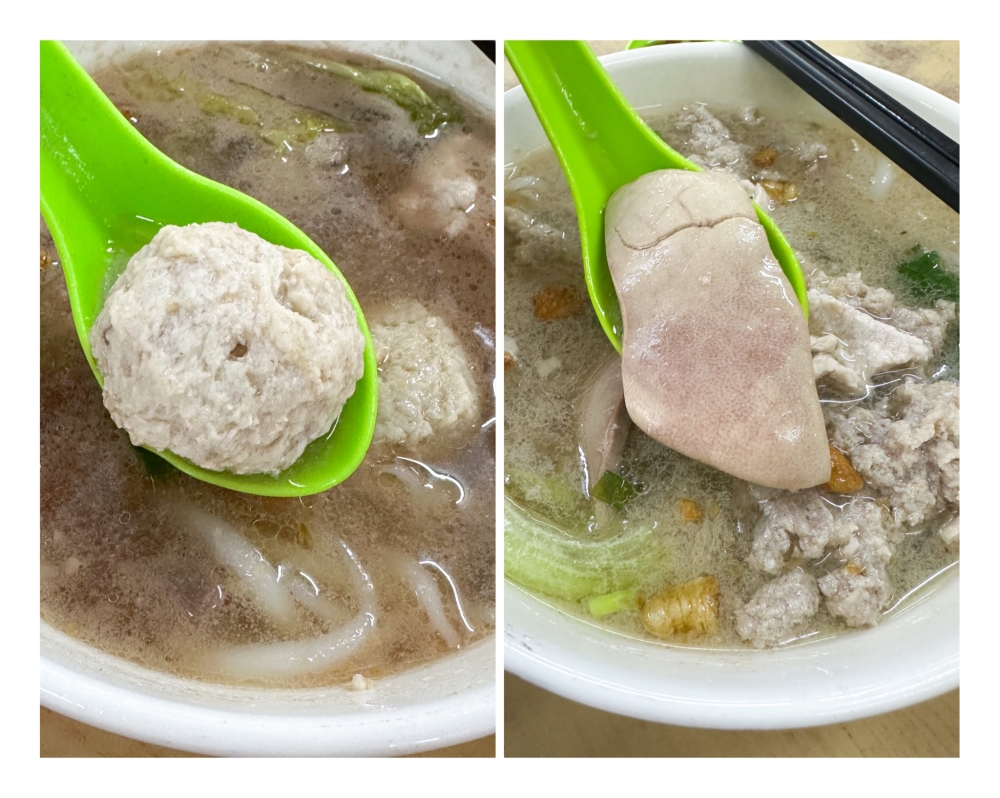 272425 Huge meatballs with dried cuttlefish (left) offer a chunky bite while pig’s kidney (right) is a smooth bite.