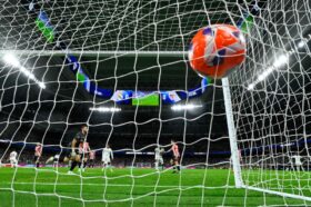 Real Madrid's Uruguayan midfielder #08 Federico Valverde (out of frame) scores their first goal during the Spanish league football match between Real Madrid CF and Athletic Club Bilbao at the Santiago Bernabeu Stadium in Madrid April 20, 2025. — AFP pic