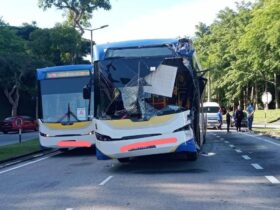 One of the two buses that were involved in the freak accident at a bus stop near Jalan Persiaran Perdana, UUM in Sintok, Kedah yesterday morning.