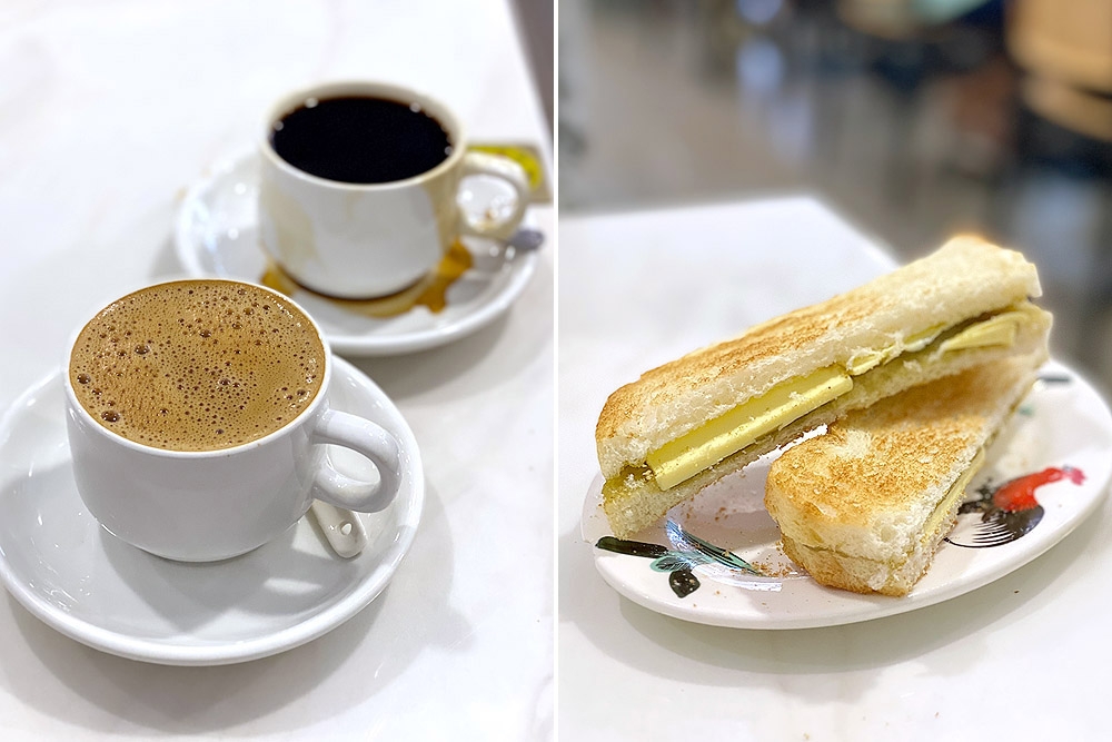 272627 Robust ‘kopi’ and ‘kopi O’ (left). ‘Roti bakar’ with butter and ‘kaya’ (right). — Picture by CK Lim