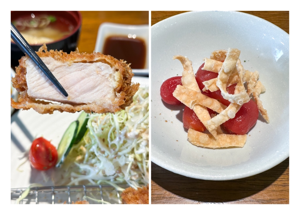 272812 The pork is tender for the Rosu Katsu Set (left) and Pickled Tomato (right) is a refreshing starter to the meal. — Pictures by Lee Khang Yi