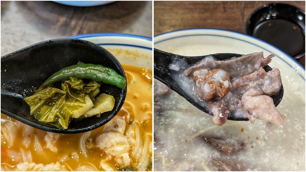 273244 There are also sizable chillies thrown in for good measure (left). Crispy intestines and thin slices of heart and tongue in porridge (right). — Picture by Ethan Lau
