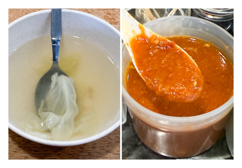 273751 Clear chicken soup (left) may not look much but it's sweet and homey like an ABC soup without potatoes, while the chilli sauce (right) is thick, spicy with a hint of tanginess. — Picture by Lee Khang Yi