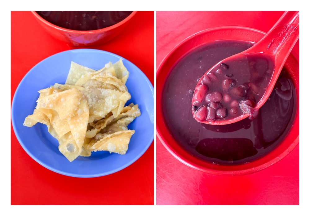 274155 Grab the fried ‘wantans’ (left) for a crunchy snack with your meal and end with their red bean ‘tong sui’ (right). — Picture by Lee Khang Yi