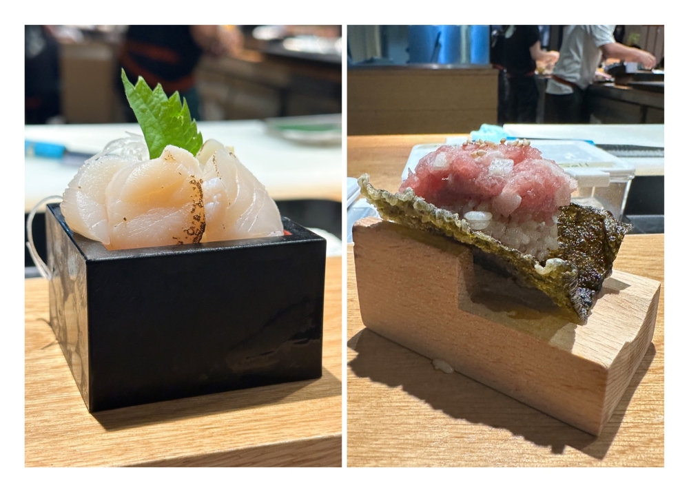 274572 Plump, sweet tasting Hotate (left) is lightly torched and Tuna and Onion Sushi Taco (right) is a riot of textures with creamy chopped tuna and crunchy fried seaweed. — Picture by Lee Khang Yi