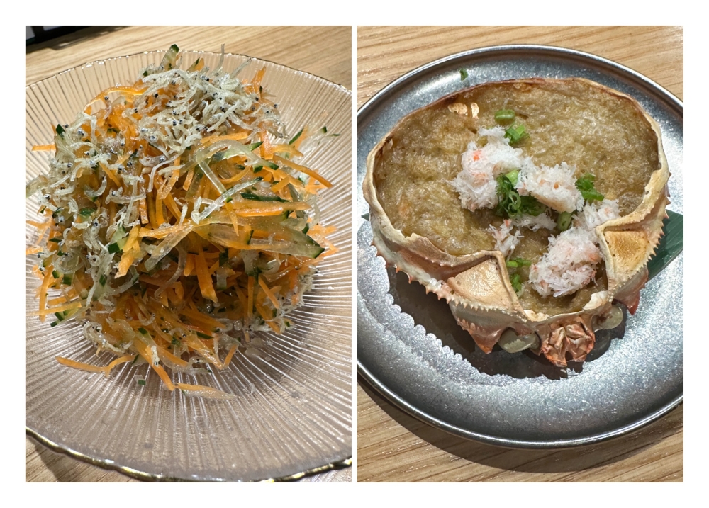 274575 Refresh your palate with the crunchy, appetising Kappa Salad (left) while the Crab Gratin (right) will jumpstart your meal with crab meat. — Picture by Lee Khang Yi