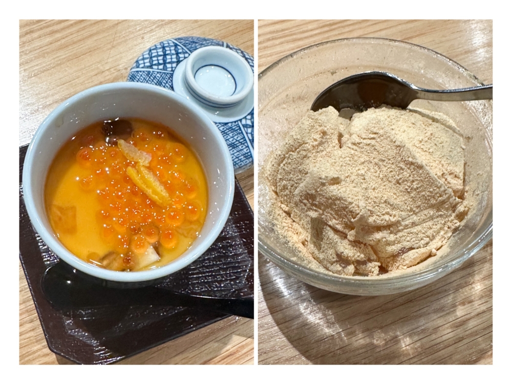 274577 Ikura Chawanmushi (left) is silky smooth with a layer of briny 'ikura' and Tenshi no Warabimochi (right) is the ideal dessert to end the night here with its ultra wobbly texture. — Picture by Lee Khang Yi