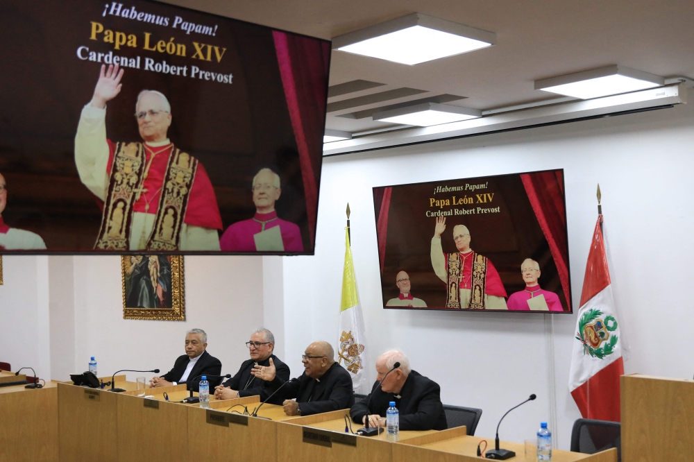 275847 (From left) Deputy Secretary General of the Peruvian Episcopate Guillermo Pereda, Bishop of Callao Luis Barrera Pacheco, President of the Peruvian Episcopal Conference Carlos Enrique Garcia, and Secretary General of the Peruvian Episcopate Antonio Santarsiero Rosa are seen during a press conference after the naming of US Cardinal Robert Prevost as the new Pope Leo XIV at the Peruvian Episcopal Conference in Lima on May 8, 2025. — AFP pic