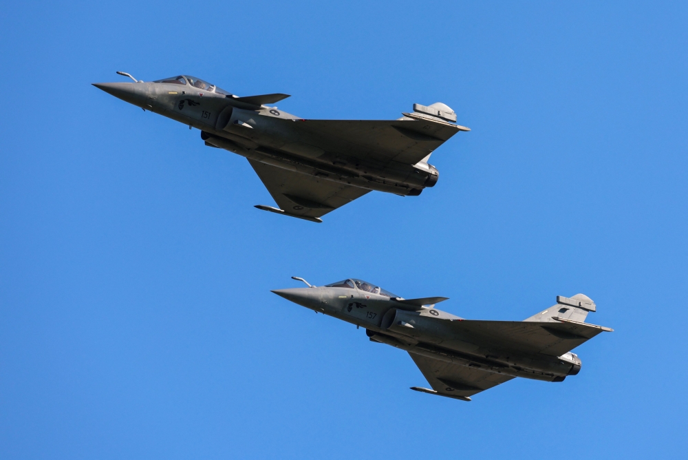 A pair of Croatian Rafale military aircraft fly past during the international aviation meeting AIRVG2025 at Franjo Tu?man Airport in Zagreb on May 10, 2025. — AFP pic