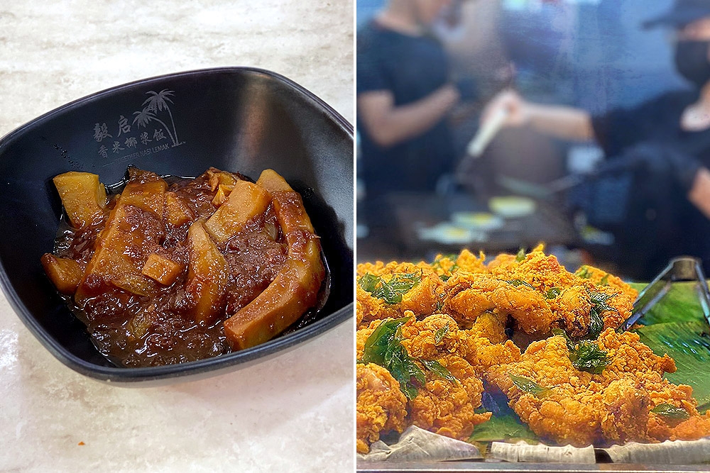 276571 Sambal Sotong (left). Freshly fried chicken (right).