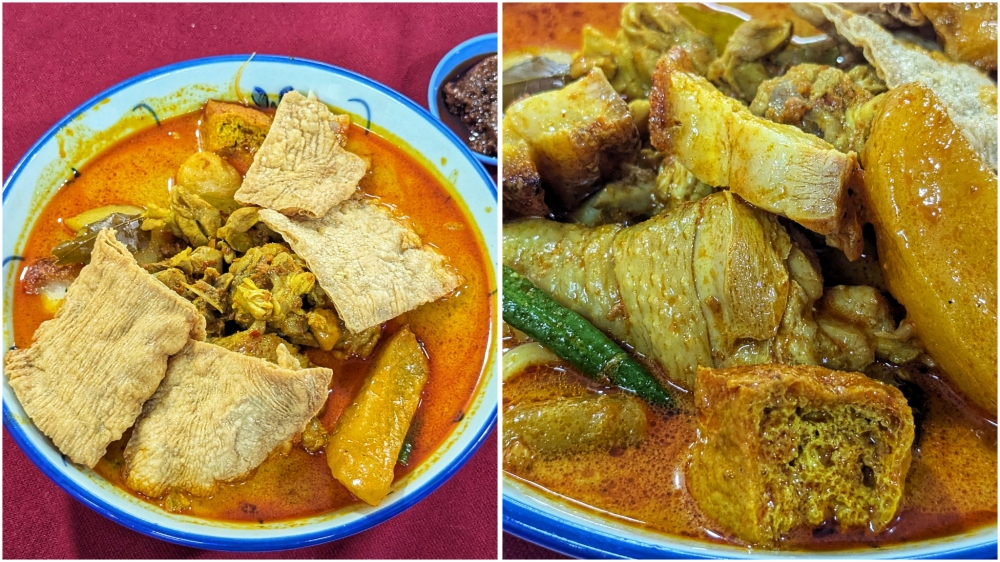 276970 The regular curry mee comes with fried ‘fu chuk’ and ‘siew yoke’, though the curry broth is clearly based on chicken curry. — Picture by Ethan Lau