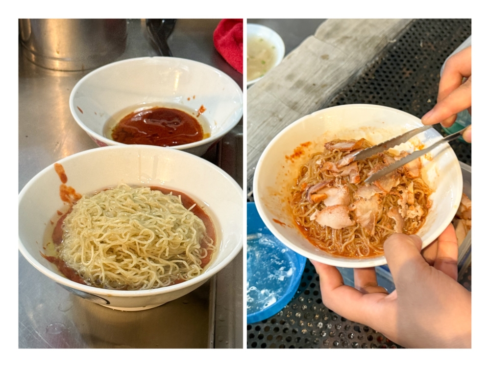 277158 The cooked noodles (left) aren’t passed through a cold bath before serving and tossed straightaway (right) in the tomato chilli sauce and topped with thin slices of ‘char siu’. — Pictures by Lee Khang Yi