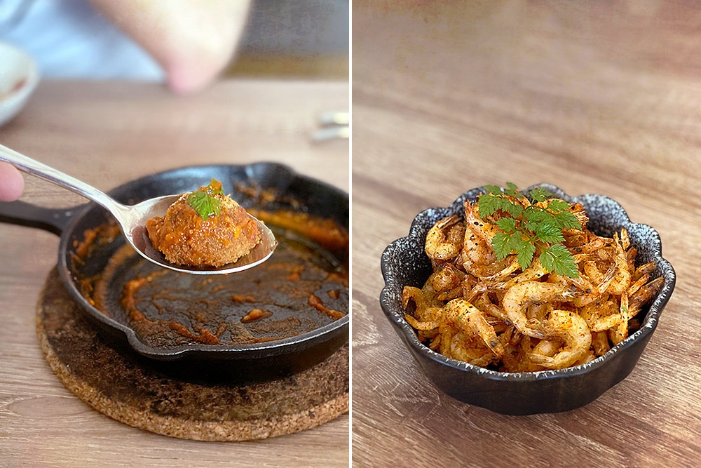 277339 Naughty Eggplant Parmigiana (left) and 8 Spices School Prawns (right). — Pictures by CK Lim